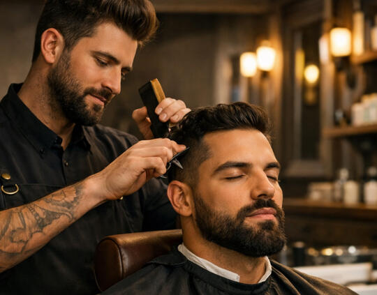 barber trimming mans hair
